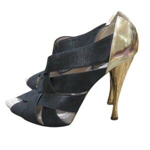 Rene Caovilla Stunning Black Gold Shimmer Italian Leather luxury peep toe heels